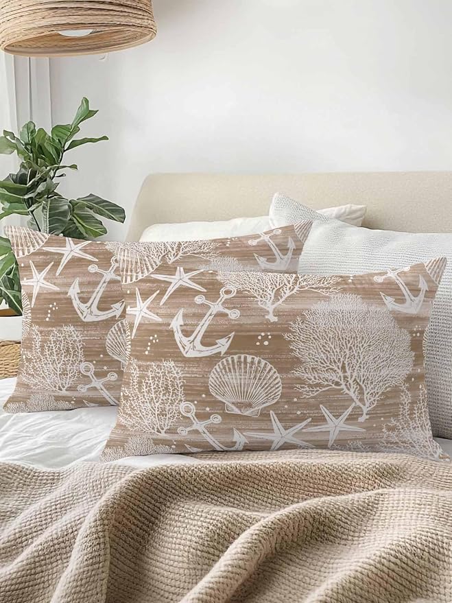 Outdoor Waterproof Throw Pillows 12x20in, Summer Anchor Starfish Coral Shell Patio Pillows Pack of 2,Decorative Pillow Covers with Insert,Pillow Cushion Case Nautical Ocean Creature