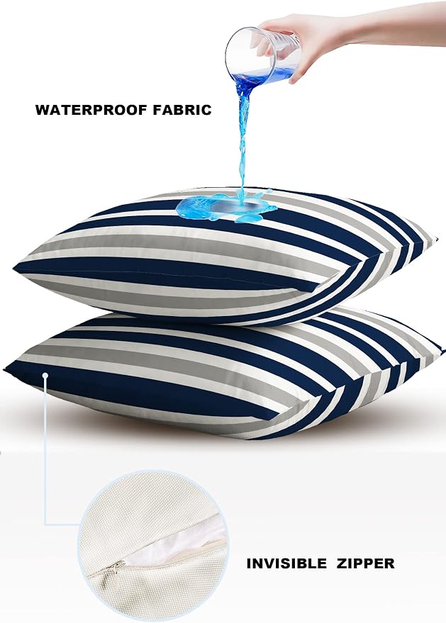 Outdoor Waterproof Throw Pillow Covers 16x16Inch, Navy Blue Cushions for Garden Patio Furniture Chairs Set of 2, Gray and White Stripes Home Decor Couch Sofa Polyester Pillow Cases