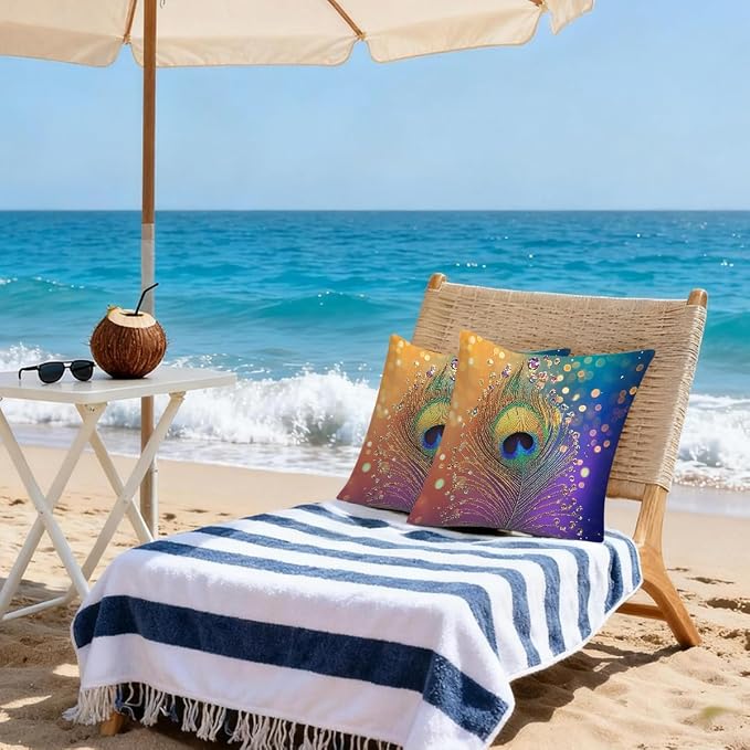 16x16 Inch Outdoor Pillow Covers Set of 2 Waterproof Throw Pillow Covers Decorative Couch Cushion Covers Peacock Feather Rainbow Square Pillowcases Protectors for Patio Garden Sofa