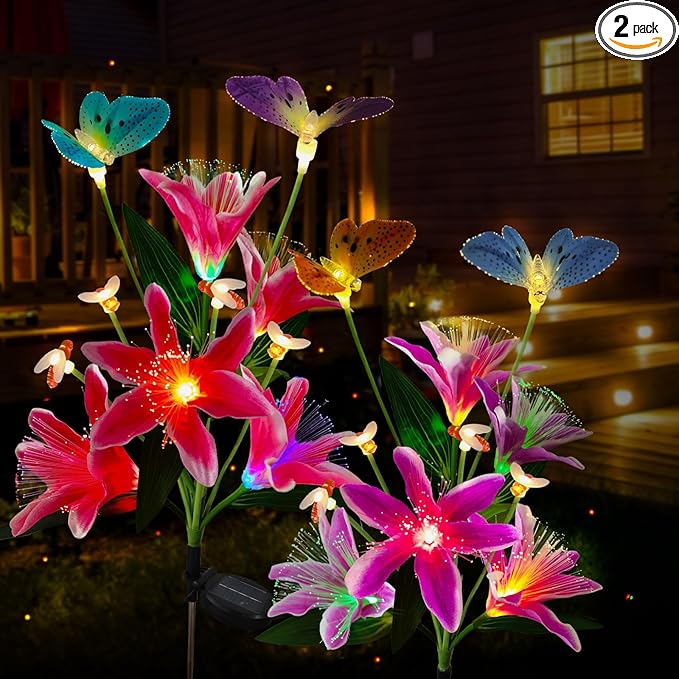 Solar Flower Lights Outdoor Garden Gifts Mother Day Decor,2Pack Color Changing Lilies Flowers with Flying Butterfly and Bee,Lily Flower Solar Lights Outside for Path Yard Patio Lawn Grave Spring Decor