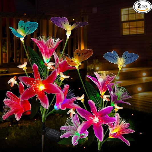Solar Flower Lights Outdoor Garden Gifts Mother Day Decor,2Pack Color Changing Lilies Flowers with Flying Butterfly and Bee,Lily Flower Solar Lights Outside for Path Yard Patio Lawn Grave Spring Decor