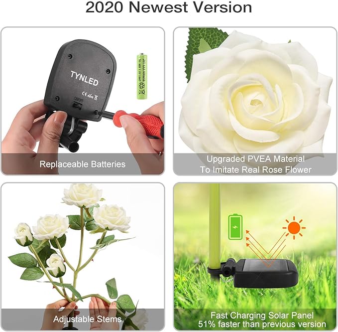 TYNLED Outdoor Solar Garden Stake Lights,Upgraded LED Solar Powered Light with 6 Rose Flowers, Waterproof Solar Decorative Lights for Patio Pathway Courtyard Garden Lawn
