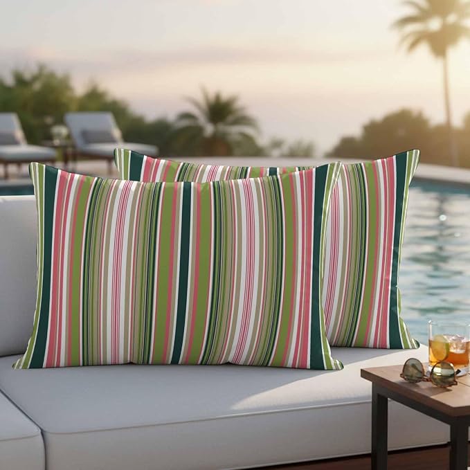 Outdoor Waterproof Throw Pillow Covers Set of 2 Sage Green Striped Lumbar Pillowcases 20x12 Inches Geometric Pink Stripes Decorative Pillows Cushion Case Patio Pillows for Couch Bed Chair Garden