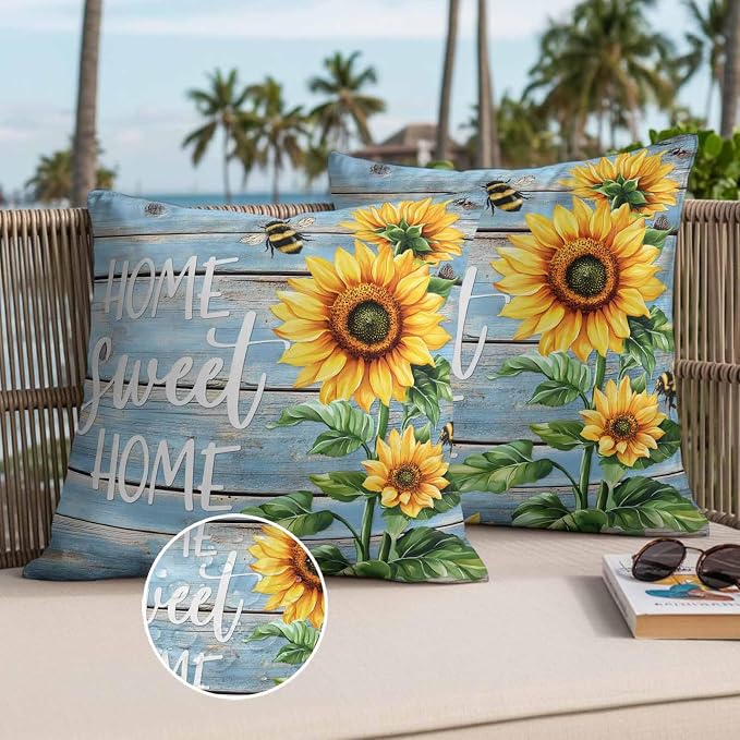 Throw Pillow Covers 24x24 Inch Set of 2, Spring Sunflower Waterproof Outdoor Pillow Covers, Bee Wooden Grain Country Rustic Decorative Cushion Pillowcases for Couch, Sofa, Bed, Garden, Patio