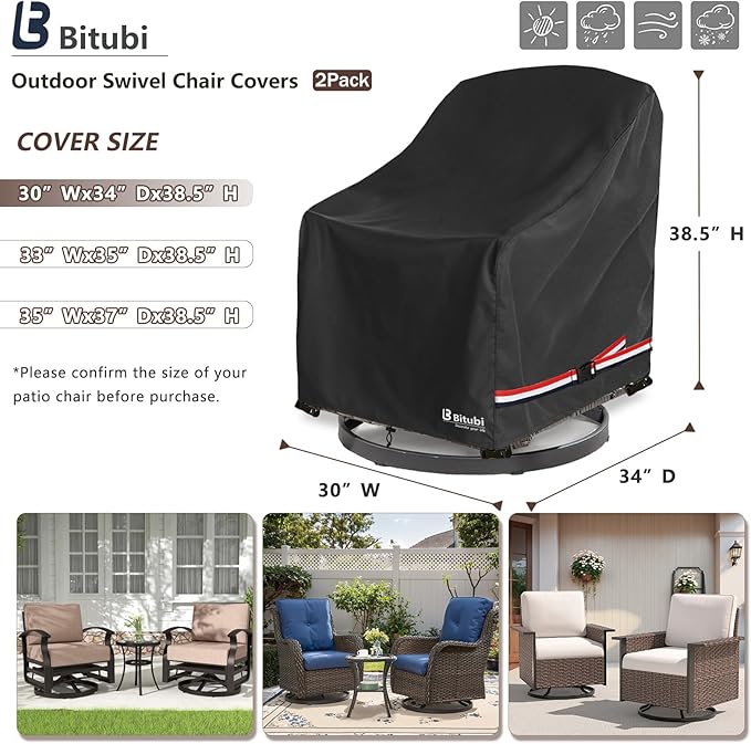 Bitubi Waterproof 2 Pack Outdoor Swivel Chair Cover for Patio Chair Size Up to 30W x 34D x 38.5H inch,Outdoor Lawn Patio Furniture Covers (Black)
