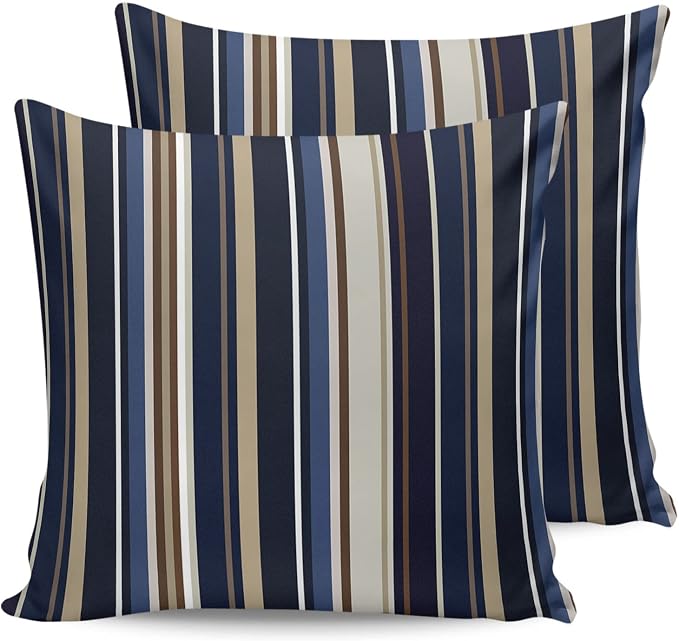 Outdoor Waterproof Pillow Covers for Patio Simple Stripe Decorative Throw Pillow Cover Blue And Brown Geometric Pattern Pillowcases Set of 2 Cushion Case for Sofa Couch Chair Home Decor 16x16 inch