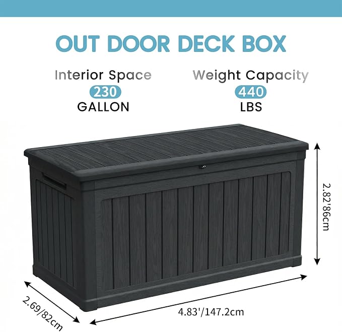 230 Gallon Lockable Resin Deck Box, Waterproof Outdoor Storage Box for Patio Furniture Cushions, Garden Tools & Pool Accessories Storage, Black
