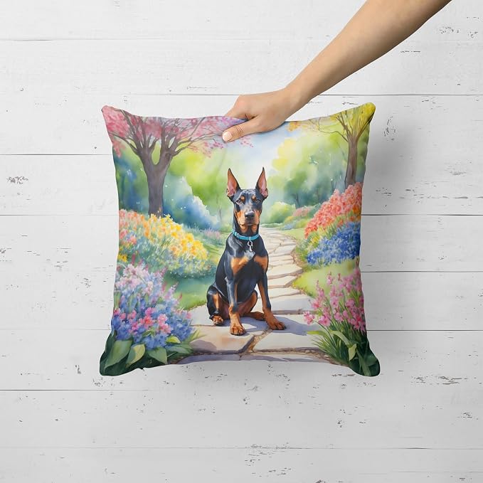 Caroline's Treasures Doberman Pinscher Spring Path Throw Pillow Machine Washable, Indoor Outdoor Decorative Pillow for Couch, Bed or Patio, 18Hx18W