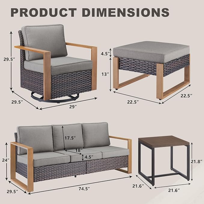 Rilyson Outdoor Wicker Patio Furniture Set - 6 Piece Patio Conversation Set with 2 Wicker Swivel Rocker Chairs,2 Rattan Ottoman,1 Side Table and 1 Couch,Thick Cushions,Deep Seating(Brown/Grey)