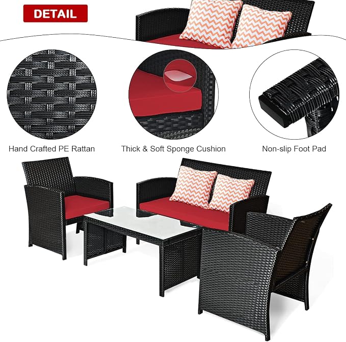 Tangkula Patio Wicker Conversation Furniture Set, Patiojoy Sofa & Table Set w/4 Seats, Outdoor Rattan Sofa Set for Balcony Backyard, Wicker Chair Set with Tempered Glass Coffee Table (2, Red)