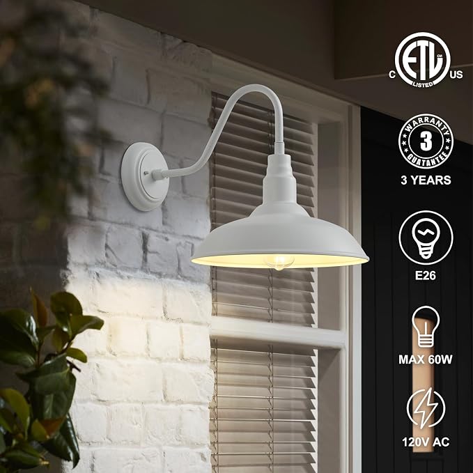 10 Inch Dome Outdoor Gooseneck Barn Lights for Porch, Farmhouse Exterior Light Fixture with Wall Mount, Matte White Outside Patio Wall Sconce for Front Door, Garage, Entryway, Home