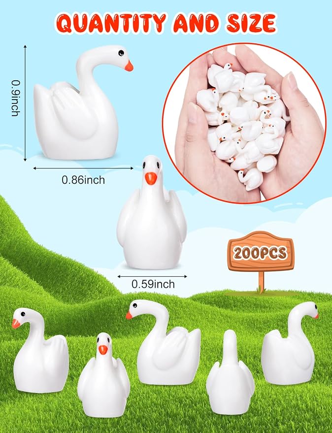 200pcs Mini Resin Goose Figurine | Micro Landscape Dollhouse Ornament, Cake DIY Craft, Office Desk Ornaments, Birthday Decoration Gift