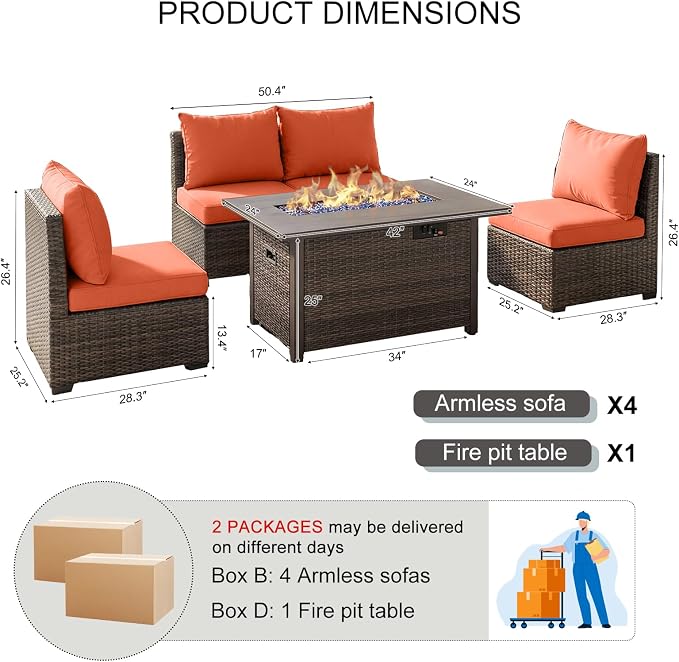 5 Pieces Patio Furniture Set with Fire Pit Table, Outdoor PE Rattan Sectional Sofa with Soft Cushions for Backyard, Porch, and Poolside (Red, 5 PCS w/Firepit)