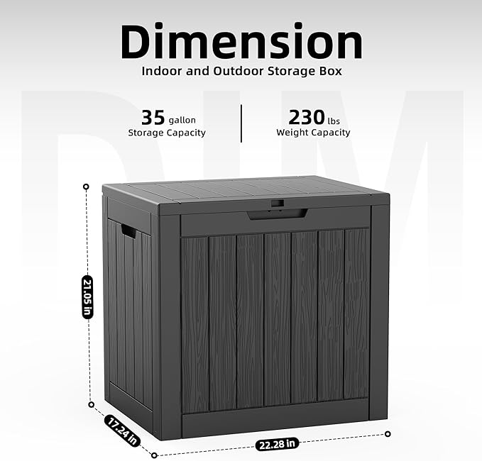 Resin Deck Box Outdoor Storage Box Waterproof for Patio Furniture,Outdoor Cushions,Garden Tools and Pool Supplies (Black, 35 Gallon)