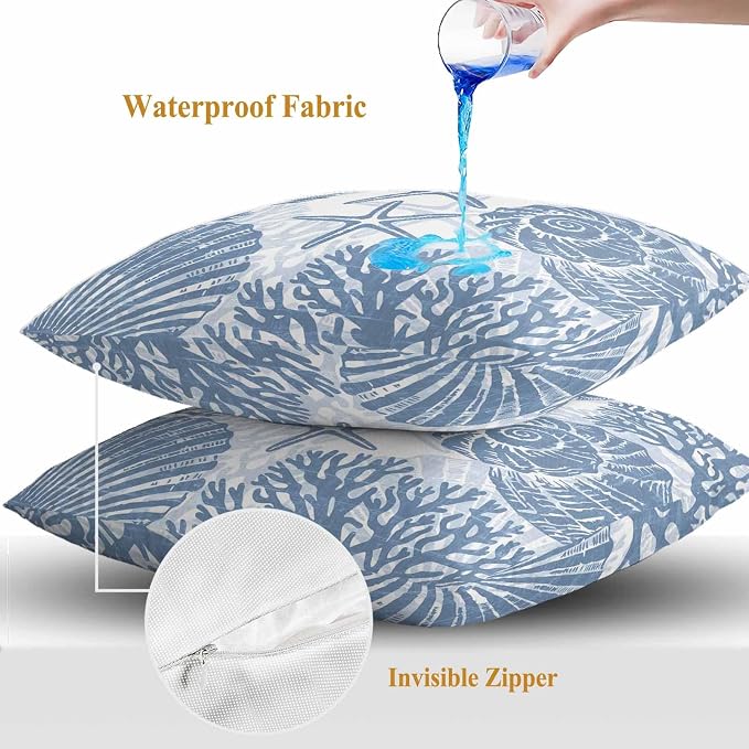 Outdoor Pillow Covers 16x16 Inch Set of 2, Lake Blue Coastal Waterproof Throw Pillow Covers, Beach Starfish Nautical Coral Shell Summer Decorative Cushion Pillowcases for Couch Sofa Bed Garden Patio