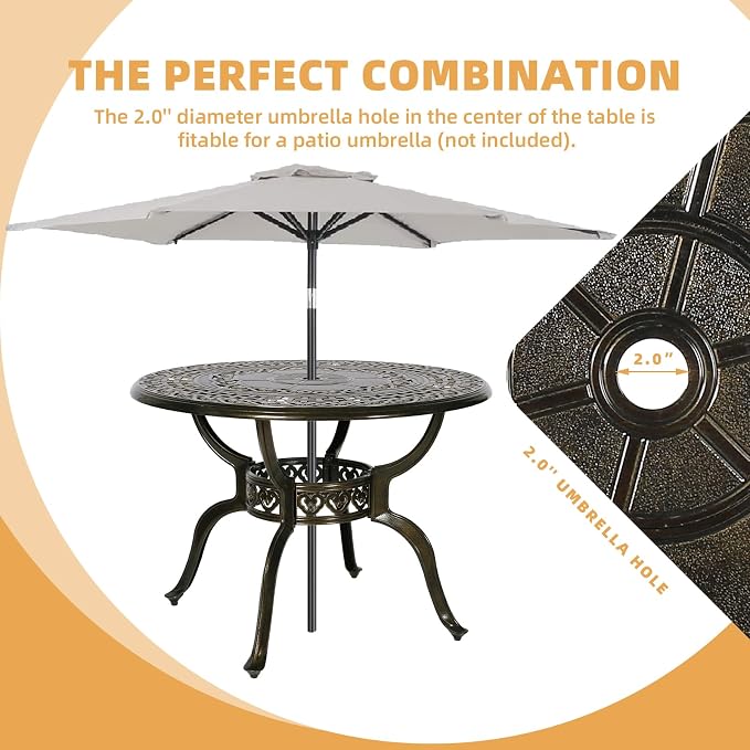 5 Piece Patio Dining Set, Outdoor Table and Chairs Set for 4 Cushioned Swivel Rocking Chairs and 38.5'' Round Table, All-Weather Cast Aluminum Patio Funiture Set, 2'' Umbrella Hole, Navy
