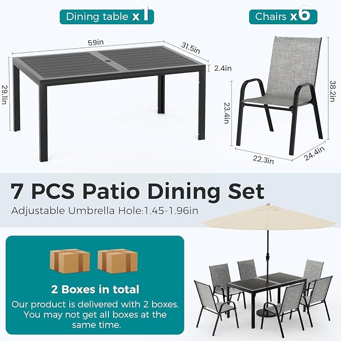 Outdoor Dining Sets for 6, Rectangular Steel Slat Table with 6 Textilene Chairs, 7 Piece Patio Table and Chairs Set with Umbrella Hole for Patio, Backyard, Poolside (Grey, No Umbrella)
