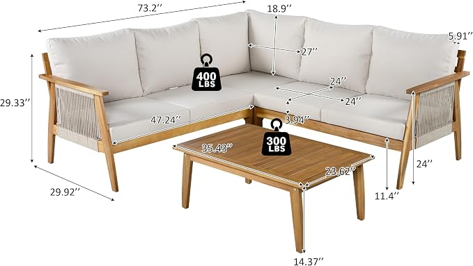 Outdoor 4pc Acacia Wood and Rope Sectional Patio Corner Set