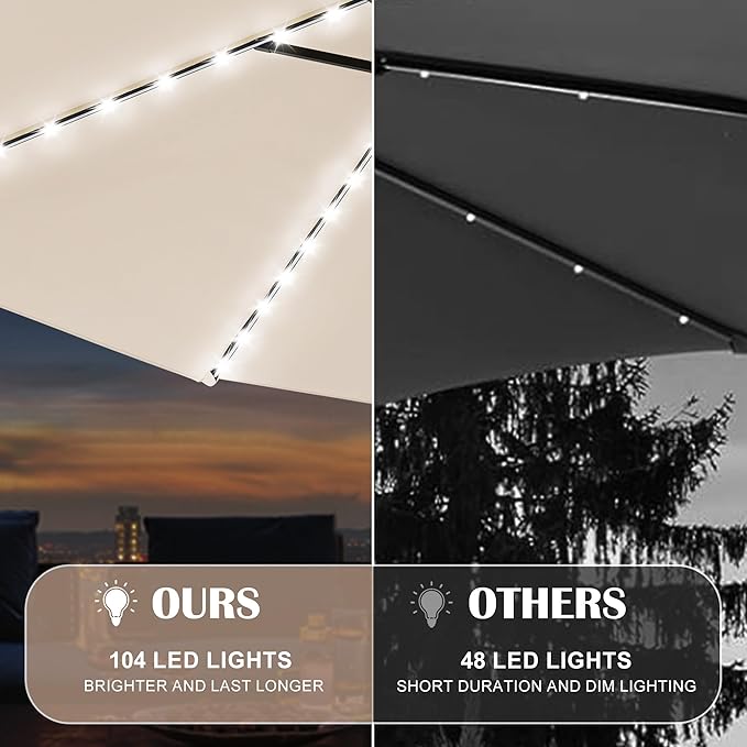 Sundale Outdoor Solar 104 LED 11 ft Patio Umbrella with Sand Bag Umbrella Base, Outdoor Umbrella with Tilt and Crank, Tan