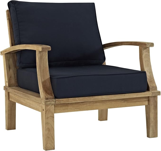 Modway Marina Premium Grade A Teak Wood Outdoor Patio Loveseat and Two Armchairs in Natural Navy