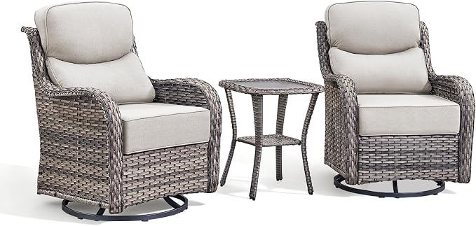 Luxury High Back Outdoor Swivel Rocker Patio Chairs with Side Table & 6-Inch Thick Cushions, 3 Pieces Patio Furniture Set for Porch, Balcony, Deck and Yard