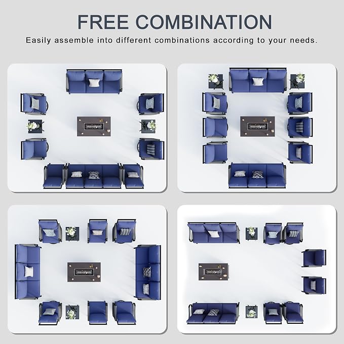 11 Pieces Modern Patio Furniture Set, All Weather Metal Outdoor Conversation Sets with Fire Pit Table for Backyard Garden Deck Porch Poolside, Blue