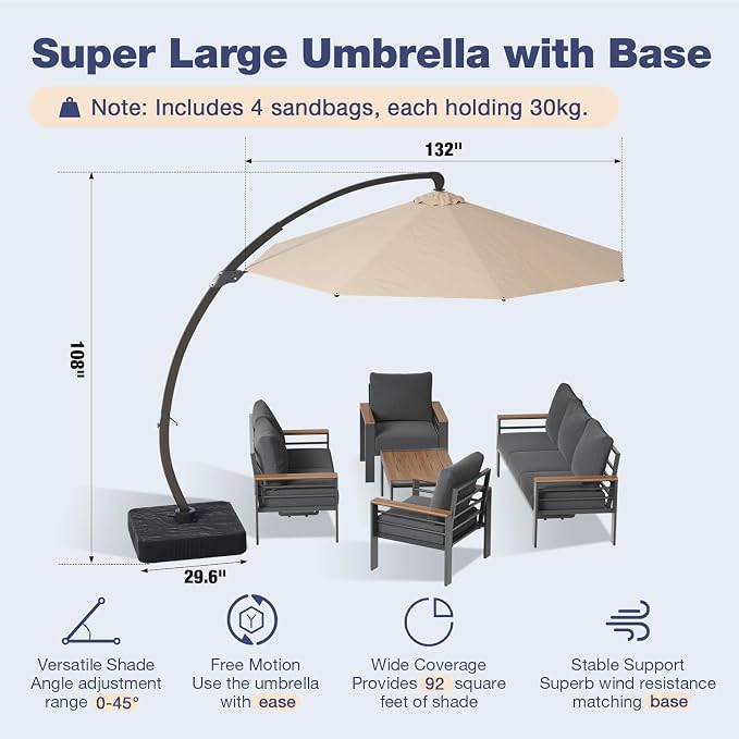 Aoxun Aluminum Patio Furniture Set with Umbrella 7 Seats, Oversized Outdoor Sectional with Washable Thick Cushions, Coffee Table, Patio Conversation Sets for Porch, Balcony, Deck