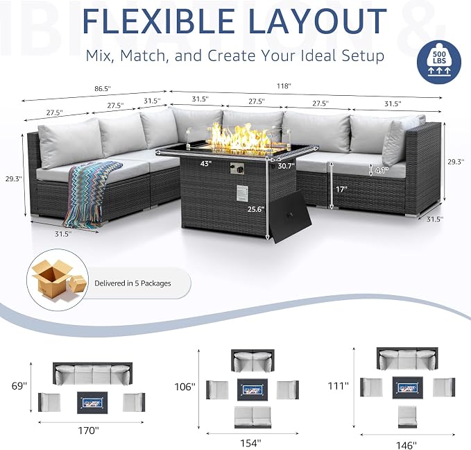 NICESOUL High-End Outdoor Patio Furniture Set with Natural Gas/Propane Firepits, 7 Piece Large Wicker Sectional Couches with Fire Table, 29.3'' High Back Deep Seating Comfy Conversation Sofas, Gray