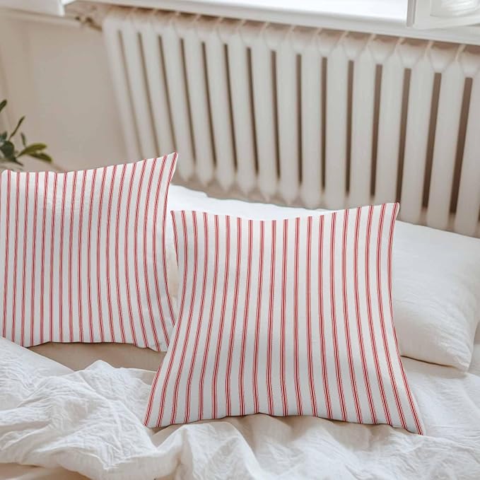 Outdoor Pillow Covers 18x18 Set of 2 Red Stripes Outdoor Pillows Waterproof Throw Pillow Covers Red Beige Vertical Striped Pillowcases Decorative Case for Patio Cushion