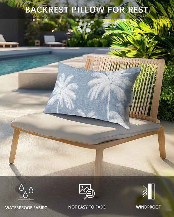 Pack of 4 Outdoor Lumbar Pillow Covers 11x16 Inch, Light Blue Palm Trees Waterproof Throw Pillow Covers Set, Farmhouse Tropical Summer Beach Indoor&Outdoor Decorative Cushion Cases for Patio Porch Car