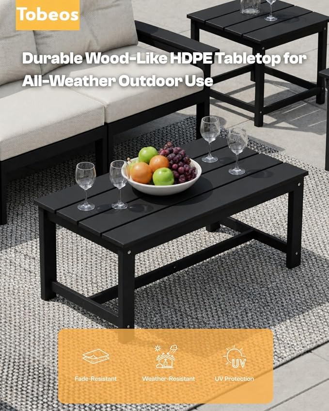 HDPE 7 Piece Patio Furniture Set, All-Weather Outdoor Couch Set with Thick Cushions & Table & Umbrella, Patio Conversation Sets for Lawn, Garden, Porch, Balcony, Deck, Poolside, Black & Beige