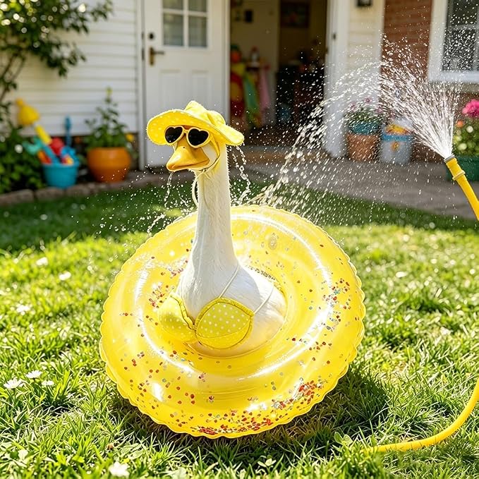 Hawaiian Porch Goose Outfits with Hat Sunglasses & Swim Ring, Summer Bikini Goose Outfit Clothes Costume Fits 23" Cement Geese Statue, Summer Garden Lawn Patio Yard Outdoor Decor (Summer style-Yellow)