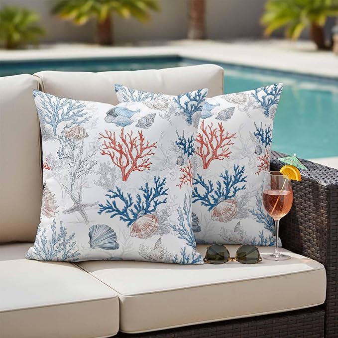 Summer Nautical Outdoor Waterproof Throw Pillow Covers Set of 2, 18"x18", Red Blue Coral Seashell Coastal Vintage Decorative Pillow Covers Outside Cushion Case for Patio Porch Garden