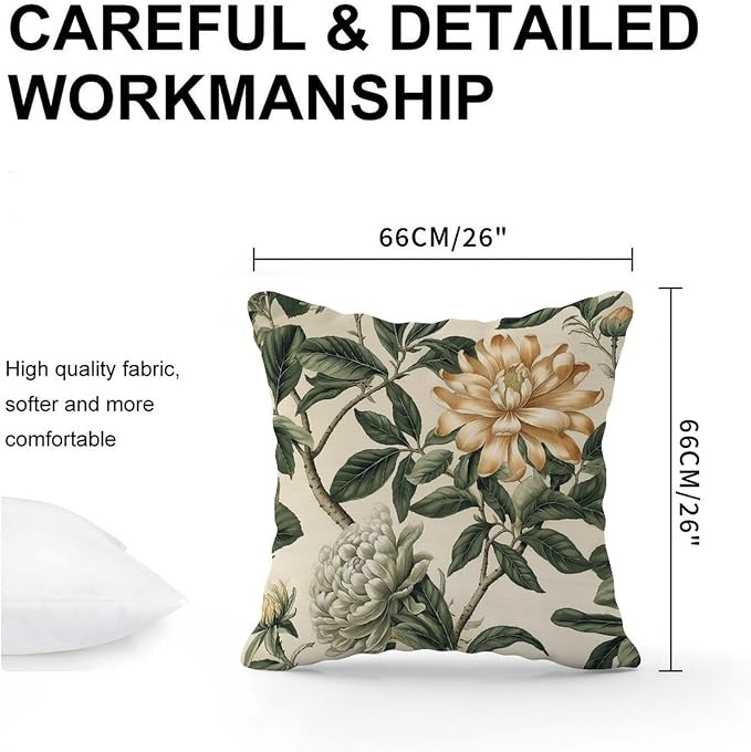 Green and White Chinoiserie Floral Pillow Cover Golden Lotus Flower Pillows 26x26 INAbstract Accent Outdoor Waterproof Decorative Pillow Cover for Patio Couch Bench