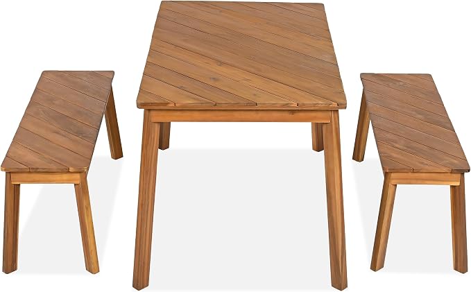 Merax Outdoor Dining Set for 4-6, 3PCS Patio Table and Bench Set, 2 Acacia Wood Diagonal Grain Patio Benches and Rectangular Dining Table, Outdoor Furniture Set for Patio, Garden, Natural