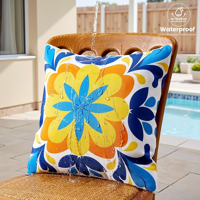 Blue and Orange Outdoor Floral Pillow Covers 18x18 Set of 4 Waterproof, Mediterranean Decor Accent Porch Throw Pillows 18 x 18, Fade Resistant Waterproof Outdoor Pillows for Patio Furniture