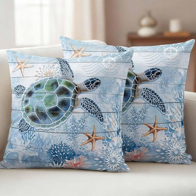 Green Sea Turtle Outdoor Waterproof Throw Pillow Covers Set of 2, 18"x18", Ocean Coral Starfish Vintage Blue Plank Decorative Pillow Covers Outside Cushion Case for Patio Porch Garden