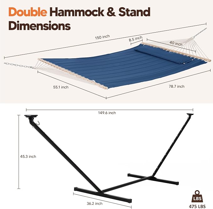 SUNCREAT Patio Hammock with Stand, Solar Powered Lights, Backyard Hammock with Stand for Outside, Navy