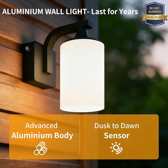 Dusk to Dawn Outdoor Wall Light Sconce, Waterproof Aluminum Porch Light Exterior Fixture with Milk Glass Shade for Patio, Yard, Garden House, Outside, Matte Black