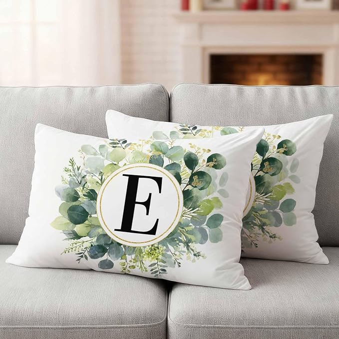 Letter E Waterproof Outdoor Pillow Covers Set of 2 Home Decor, Alphabet Green Eucalyptus Leaves Lumbar Pillowcase Patio Pillow Covers for Couch Bench Patio Furniture Garden 20x12in