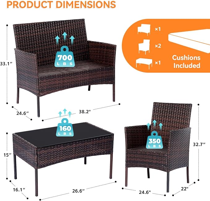 Patio Furniture Set, Outdoor Furniture Set 4 Pieces Patio Conversation Set PE Rattan Chair with Cushion Tempered Glass Table Garden Balcony Sets for Yard Pool Backyard Brown/Grey