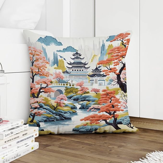 Chinoiserie Pagoda White Coral Blue Cushion Cases Chinoiserie Chic Asian Throw Pillow Cover Farmhouse Modern Decorative Pillow Covers for Patio Furniture Tent Garden 18x18 in