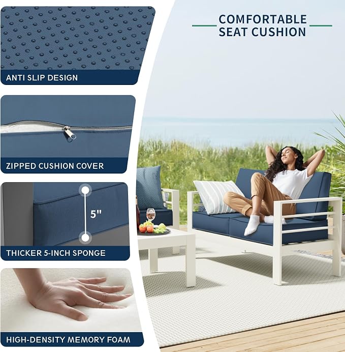 Amopatio Aluminum Patio Furniture, 5 Pieces Metal Outdoor Furniture Set, Outdoor Sectional Modern Sofa Sets with Coffee Table for Pool, Garden, White&Blue (Included Waterproof Covers)