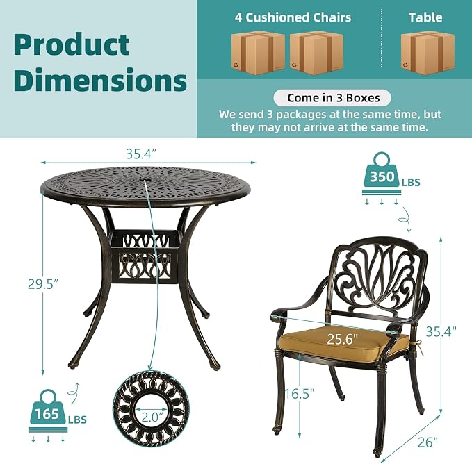 MEETWARM 5 Piece Outdoor Furniture Patio Dining Set, All-Weather Cast Aluminum Patio Table and Chairs Set- 4 Cushioned Chairs, 1 Round Dining Table with Umbrella Hole for Backyard Garden Deck