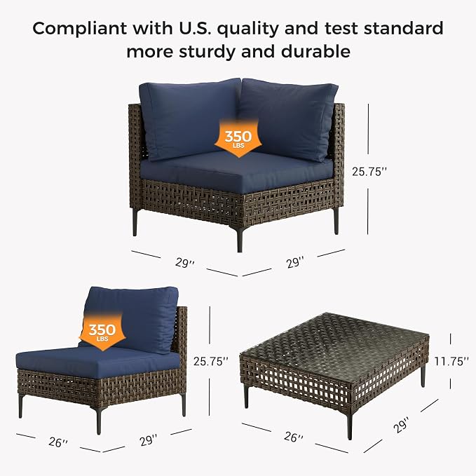 Grand patio 4-Piece Wicker Patio Furniture Set, Retro Outdoor Sectional Sofa with Water Resistant Blue Thick Cushions (Coffee Table Not Included), Brown