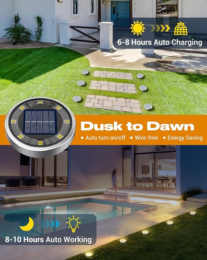 btfarm 30 Pack Solar Lights Outdoor, 8 LED Solar Ground Lights IP65 Waterproof Flat Solar Disc Light, Pathway Lights for Garden Lawn Patio Yard Path Landscape, Warm White