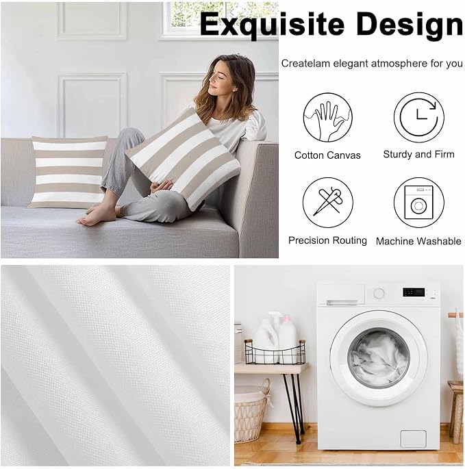 Outdoor Waterproof Throw Pillow Covers Set of 2 Khaki White Stripe Pillowcases 16x16 Inches Simple Style Striped Decorative Pillows Cushion Case Patio Pillows for Couch Bed Chair Garden