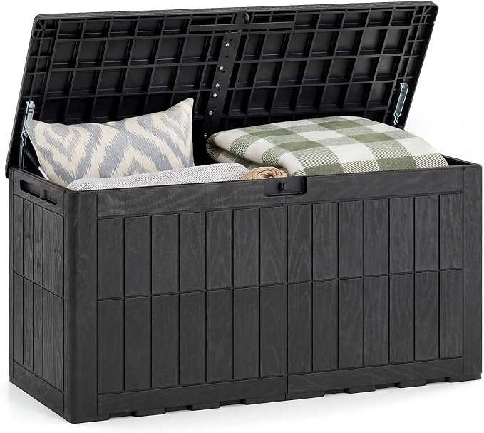 HAPPYGRILL 100 Gal Outdoor Deck Box, Lockable Storage Bin with Lid and Handles, Waterproof and Sun-Protective Patio Bench and Storage Box for Garden Tools Pool Supplies (Black, 100Gallon)
