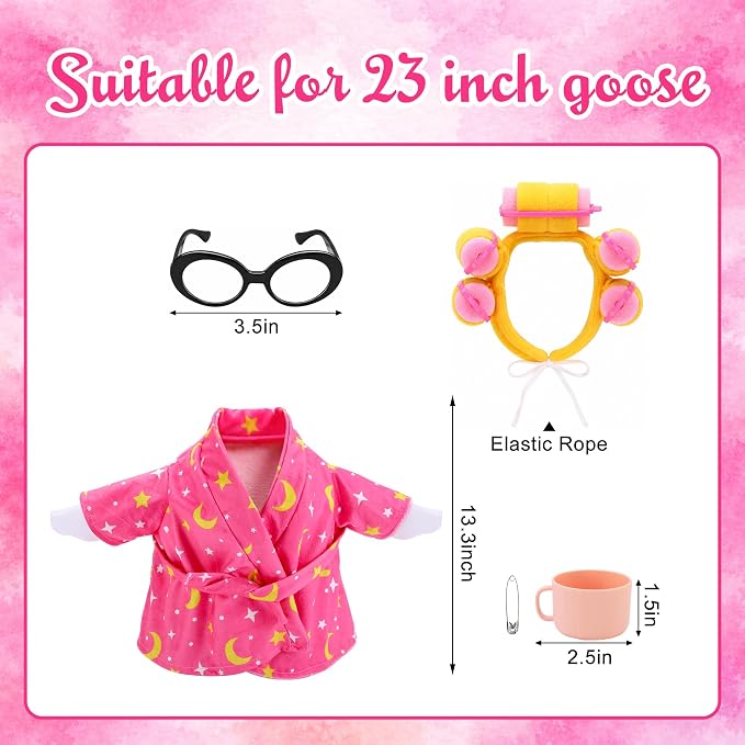 DECOHS 4 Pcs Bathrobe Porch Goose Outfit, Lawn Goose Statue Costume with Star and Moon Print, Yard Goose Bathrobe Curlers Glasses Cup Outfit for 23" Statue Patio Garden Decoration (Pink)
