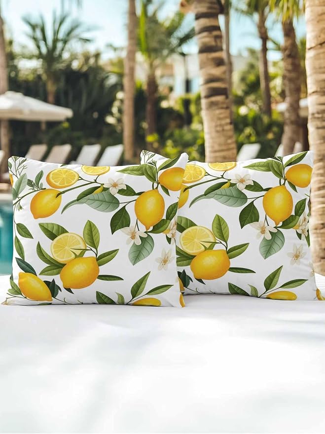 Outdoor Waterproof Throw Pillows Watercolor Lemon Green Leaves Flower Patio Pillows Pack of 2,Decorative Pillow Covers with Insert,Pillow Cushion Case for Garden Couch Sofa Farm Fruit Harvest